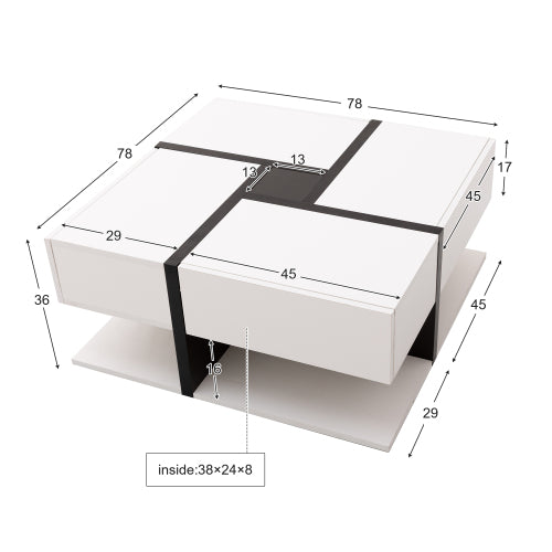Coffee Table, Table With 4 Drawers, Unique Color Matching And Line Design, Storage Space At The Bottom. 78x78x36cm