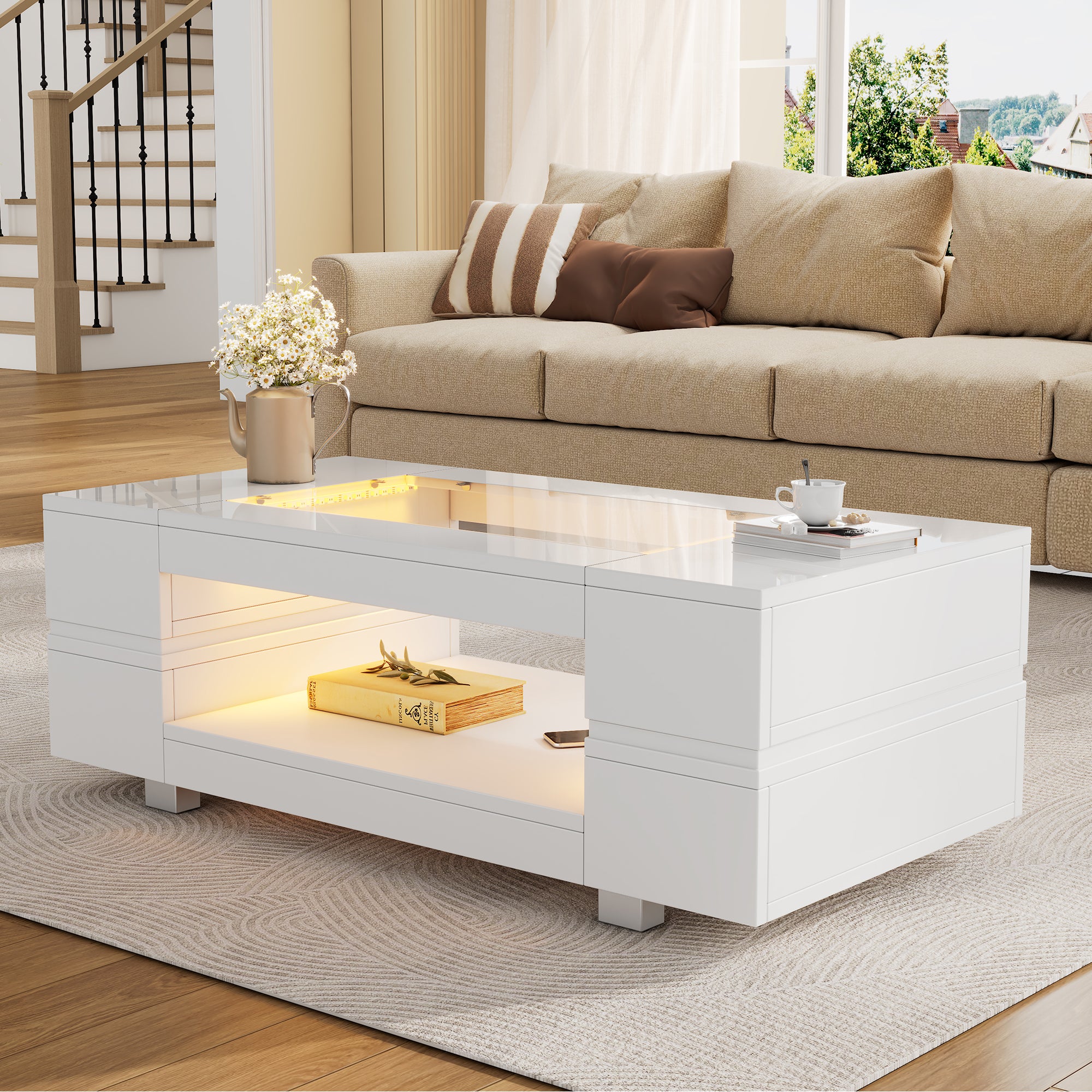 Hollow Coffee Table With Open Storage, Centre Table, Sofa Side Table With LED, High Gloss End Table With Glass Tabletop, Living Room, Office, Apartment100x50x35cm, White, MDF Glass