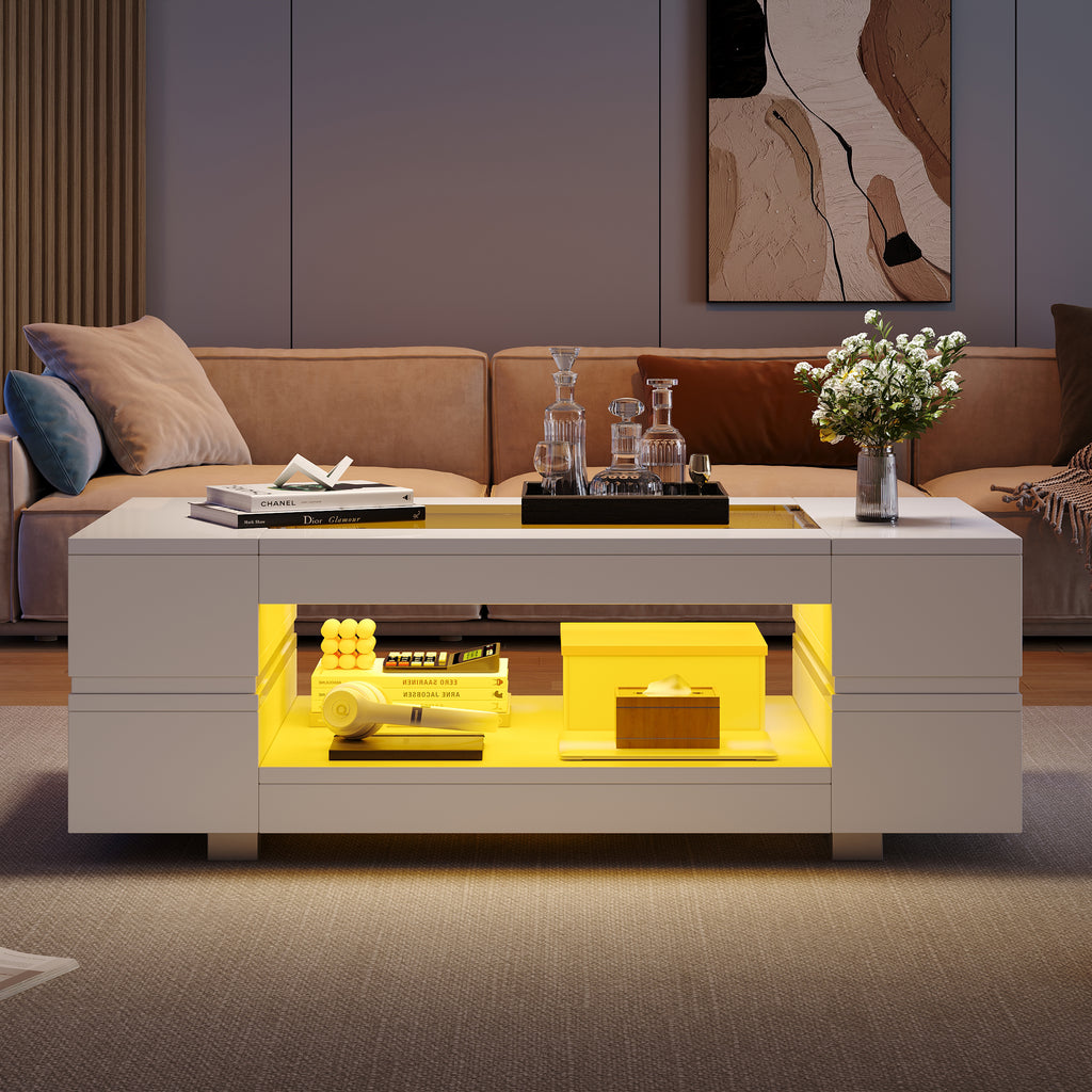 Hollow Coffee Table With Open Storage, Centre Table, Sofa Side Table With LED, High Gloss End Table With Glass Tabletop, Living Room, Office, Apartment100x50x35cm, White, MDF Glass