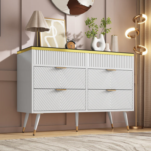 Sideboard Cabinet Dresser With 6 Drawers,Amber Glass Chest Of Drawers, Compartmentalised Storage,Anti-tip,Dressing Table For Living Room, Hallway, Bedroom, And Children's Room, 120 X 40 X 76 Cm, White
