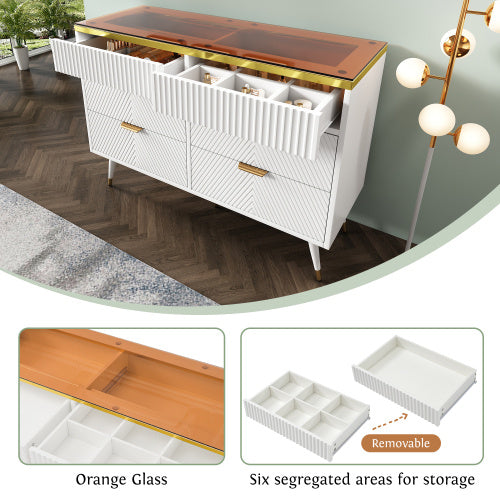 Sideboard Cabinet Dresser With 6 Drawers,Amber Glass Chest Of Drawers, Compartmentalised Storage,Anti-tip,Dressing Table For Living Room, Hallway, Bedroom, And Children's Room, 120 X 40 X 76 Cm, White