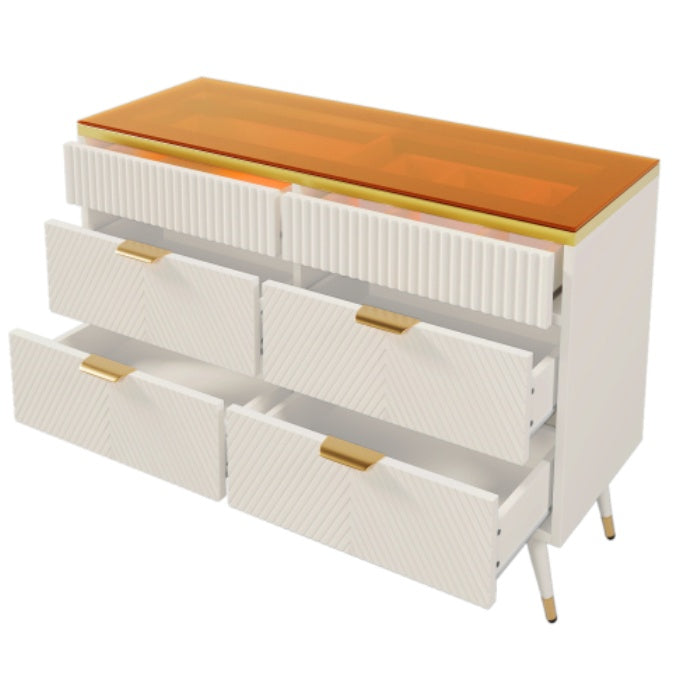 Sideboard Cabinet Dresser With 6 Drawers,Amber Glass Chest Of Drawers, Compartmentalised Storage,Anti-tip,Dressing Table For Living Room, Hallway, Bedroom, And Children's Room, 120 X 40 X 76 Cm, White