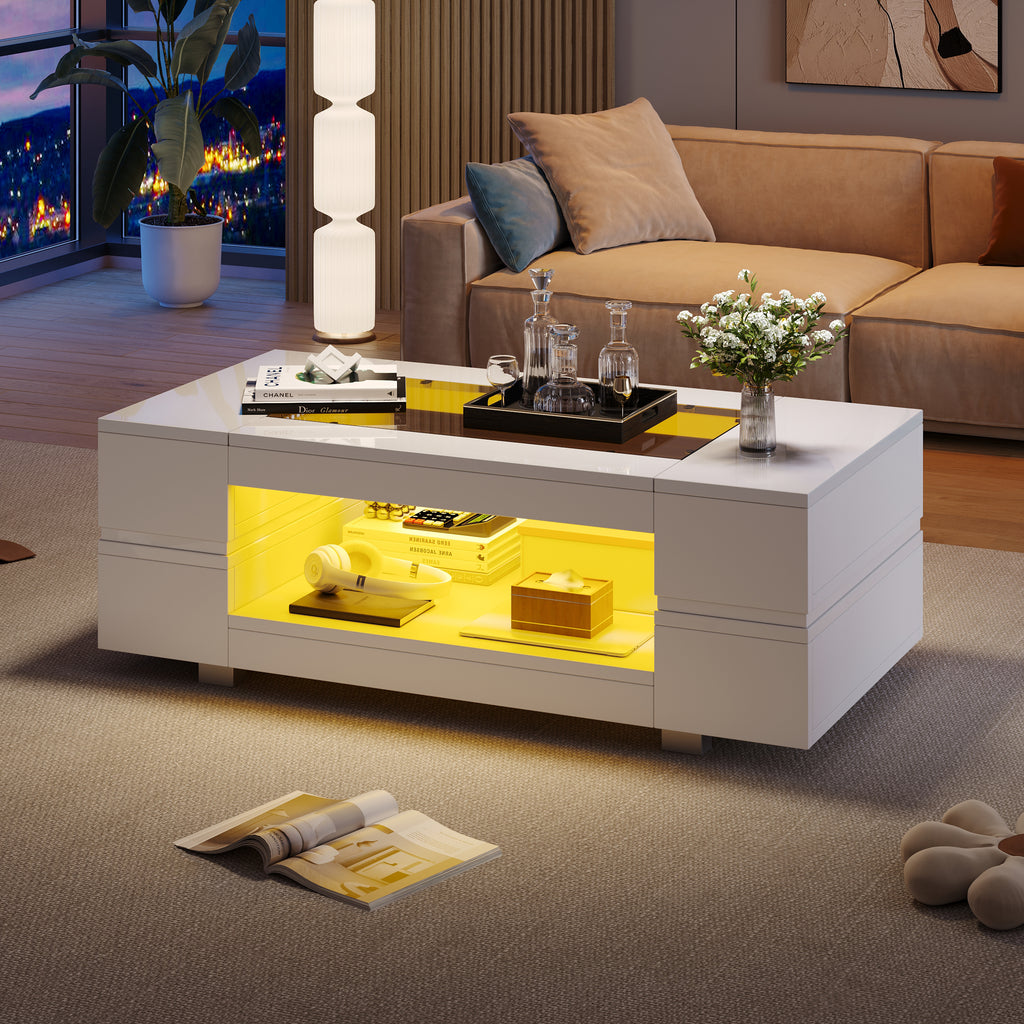 Hollow Coffee Table With Open Storage, Centre Table, Sofa Side Table With LED, High Gloss End Table With Glass Tabletop, Living Room, Office, Apartment100x50x35cm, White, MDF Glass