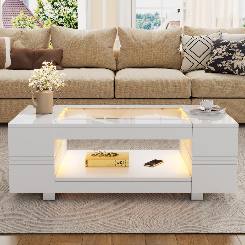 Hollow Coffee Table With Open Storage, Centre Table, Sofa Side Table With LED, High Gloss End Table With Glass Tabletop, Living Room, Office, Apartment100x50x35cm, White, MDF Glass